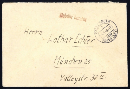 1946, Gebühr bezahlt, Belege 45-48, Notmaßnahmen, Brief