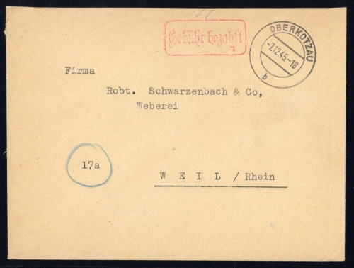 1945, Gebühr bezahlt, Belege 45-48, Notmaßnahmen, Brief