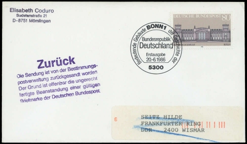 1986, Bundesrepublik Deutschland, 1287, Brief