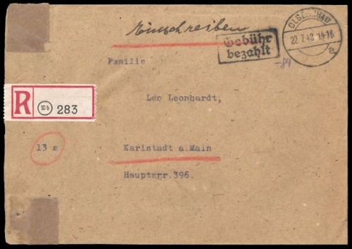 1948, Gebühr bezahlt, Belege 45-48, Notmaßnahmen, Brief