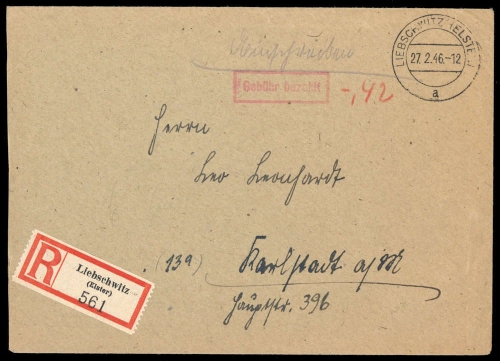 1946, Gebühr bezahlt, Belege 45-48, Notmaßnahmen, Brief