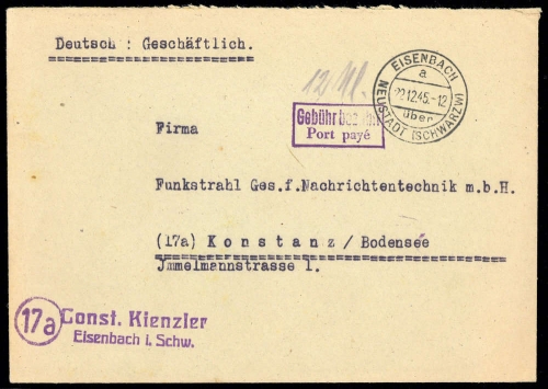 1945, Gebühr bezahlt, Belege 45-48, Notmaßnahmen, Brief