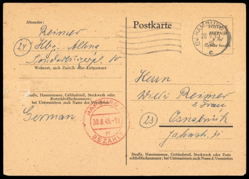 1945, Gebühr bezahlt, Belege 45-48, Notmaßnahmen, Brief
