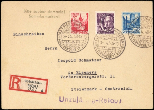 Französische Zone Württemberg, 11 u.a., Brief