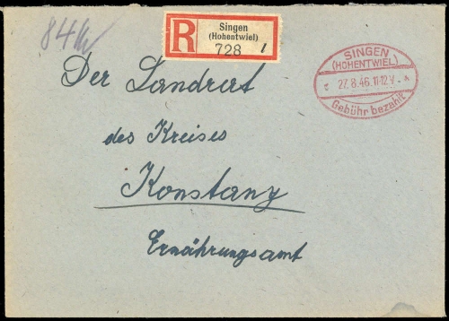1946, Gebühr bezahlt, Belege 45-48, Notmaßnahmen, Brief