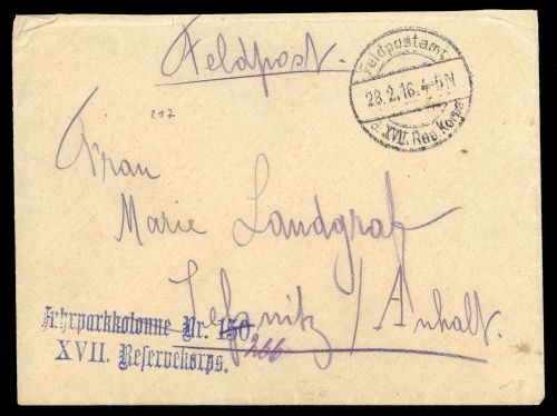 1916, Feldpost I. Wk, Brief