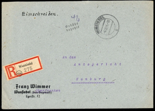1945, Gebühr bezahlt, Belege 45-48, Notmaßnahmen, Brief