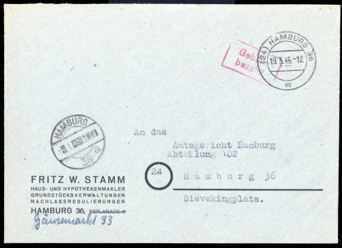 1946, Gebühr bezahlt, Belege 45-48, Notmaßnahmen, Brief