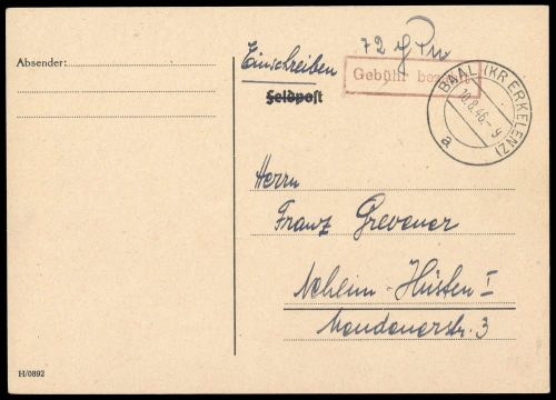 1946, Gebühr bezahlt, Belege 45-48, Notmaßnahmen, Brief