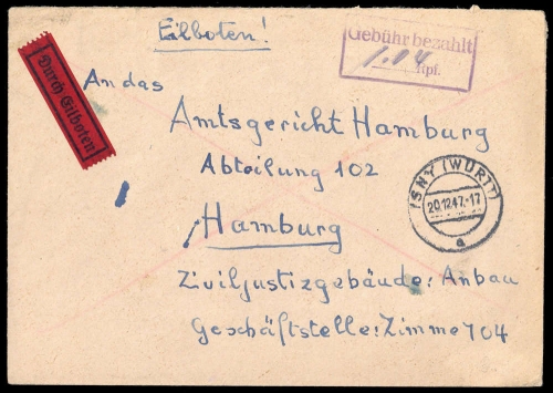 1947, Gebühr bezahlt, Belege 45-48, Notmaßnahmen, Brief