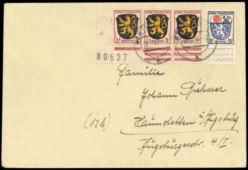 1945, Französische Zone Allgemeine Ausgabe, 2 BGNR u.a., Brief