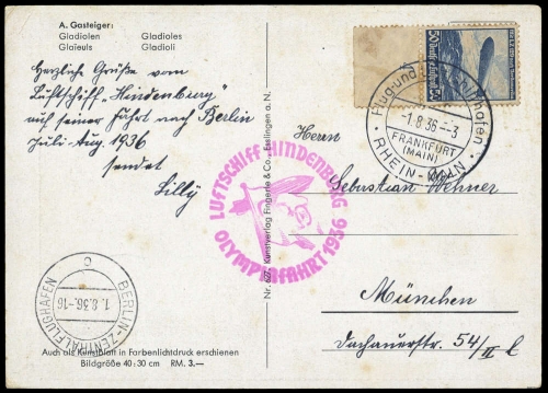 1936, Zeppelin,Zeppelinpost LZ129,Olympiafahrt, Si 427 B, Brief