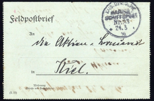 1916, Deutsche Marine Schiffspost, Brief