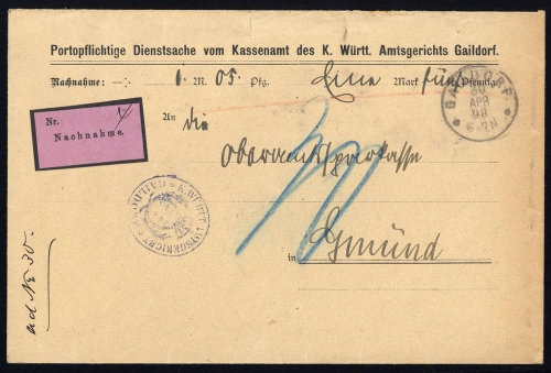 1898, Altdeutschland Württemberg, GERICHT, Brief