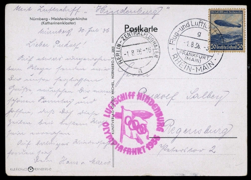 1936, Zeppelin,Zeppelinpost LZ129,Olympiafahrt, Si 427 B, Brief