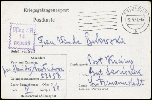 1942, Kriegsgefangenenlagerpost, Brief