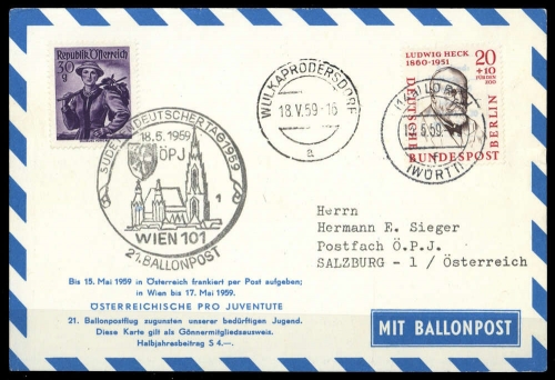 1959, Luftfahrt,Ballon,Ballonpost, Brief