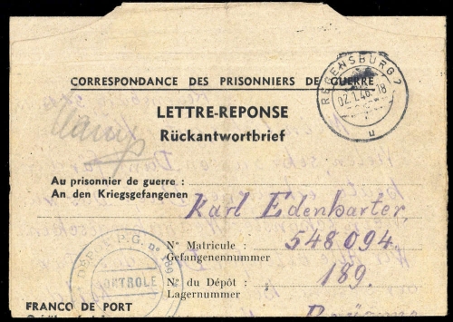 1945, Kriegsgefangenenlagerpost, Brief