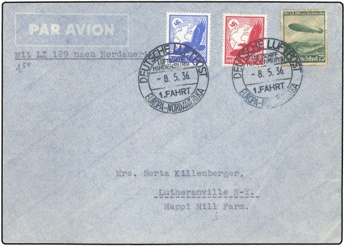 1936, Zeppelin,Zeppelinpost LZ129,Nordamerikafahrten, Si 407 A, ...