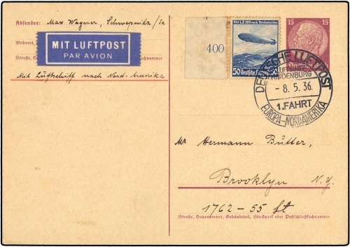 1936, Zeppelin,Zeppelinpost LZ129,Nordamerikafahrten, Si 407 A, ...