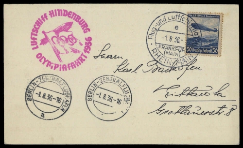 1936, Zeppelin,Zeppelinpost LZ129,Olympiafahrt, Si 427 B, Brief