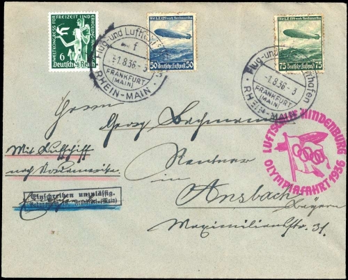 1936, Zeppelin,Zeppelinpost LZ129,Olympiafahrt, Si 427B, Brief