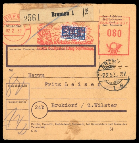 1952, Bizone Zwangszuschlagsmarken, 6, Brief