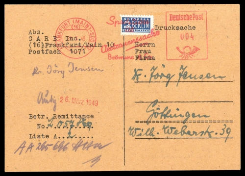 1949, Bizone Zwangszuschlagsmarken, 2, Brief