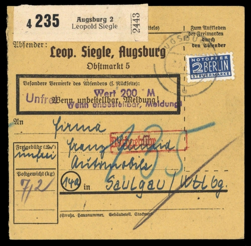 1949, Bizone Zwangszuschlagsmarken, 2, Brief