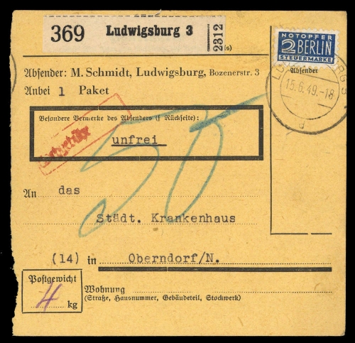 1949, Bizone Zwangszuschlagsmarken, 2, Brief