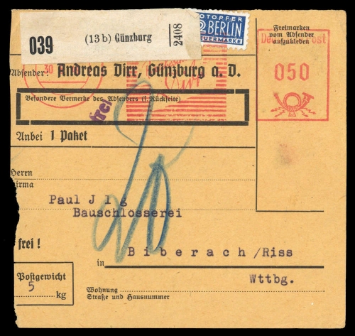 1949, Bizone Zwangszuschlagsmarken, 2, Brief