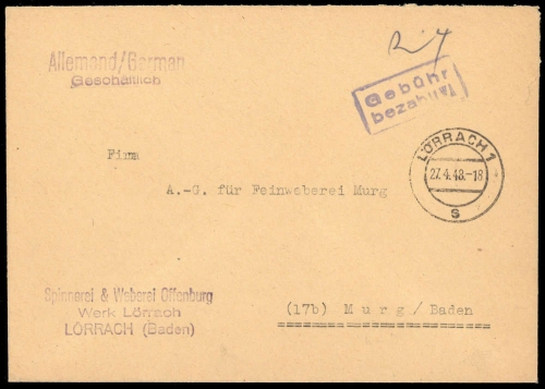 1948, Französische Zone Baden, Brief