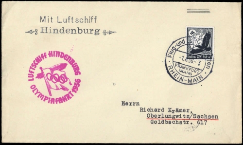1936, Zeppelin,Zeppelinpost LZ129,Olympiafahrt, Si 427 B, Brief
