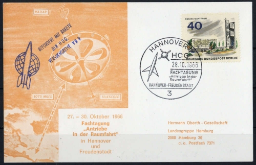 1966, Luftfahrt,Raketenpost,deutsche nach 1945, Bln 258, Brief