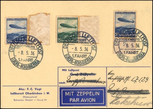 1936, Zeppelin,Zeppelinpost LZ129,Nordamerikafahrten, Si 407 A, ...