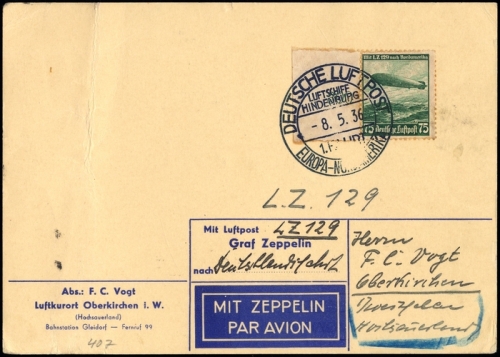 1936, Zeppelin,Zeppelinpost LZ129,Nordamerikafahrten, Si 407 A, ...