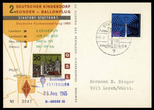 1965, Luftfahrt,Ballon,Ballonpost, DKSB 2, Brief