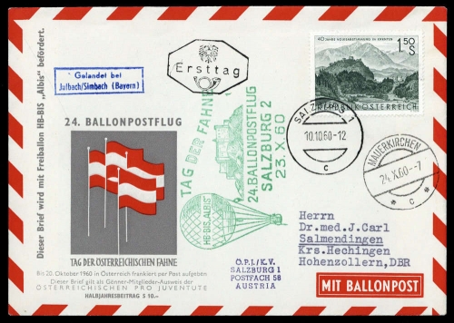 1960, Luftfahrt,Ballon,Ballonpost, ÖPJRBF 24 I a, Brief