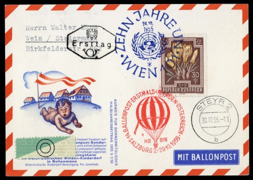 1955, Luftfahrt,Ballon,Ballonpost, ÖPJRBF 14 Var., Brief