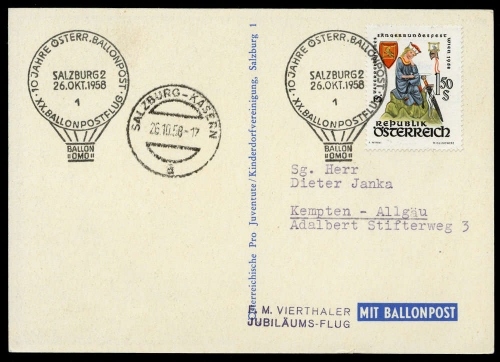 1958, Luftfahrt,Ballon,Ballonpost, ÖPJRBF 20 b 1, Brief