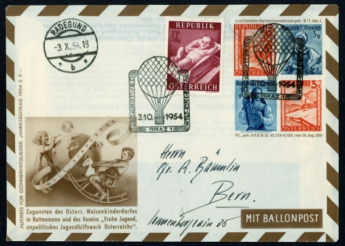 1954, Luftfahrt,Ballon,Ballonpost, ÖPJRBF 12 a, Brief