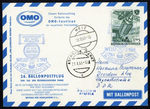 1961, Luftfahrt,Ballon,Ballonpost, ÖPJRBF 26 b, Brief