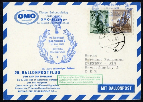 1961, Luftfahrt,Ballon,Ballonpost, ÖPJRBF 25 b, Brief