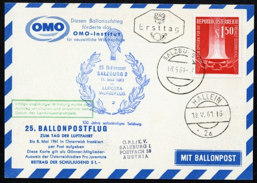 1961, Luftfahrt,Ballon,Ballonpost, ÖPJRBF 25 b, Brief