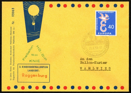 1958, Luftfahrt,Ballon,Ballonpost, DKB 3 a, Brief