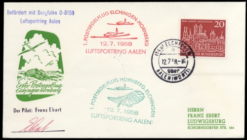 1958, Luftfahrt,Flugpost,Segelflugpost, Brief