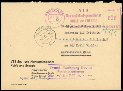 1963, DDR Verwaltungspost B Zentraler Kurierdienst, Brief