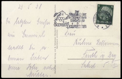 Sport u. Spiel,Olympia 1936 Garmisch,, Brief