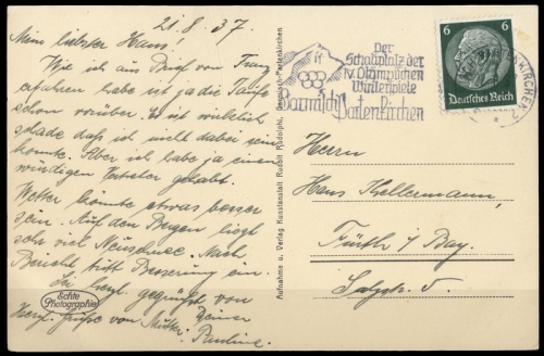 Sport u. Spiel,Olympia 1936 Garmisch,, Brief