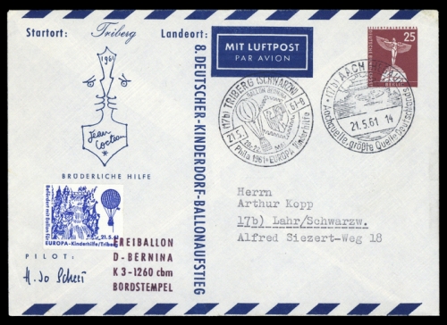 1961, Luftfahrt,Ballon,Ballonpost, PU 19, Brief